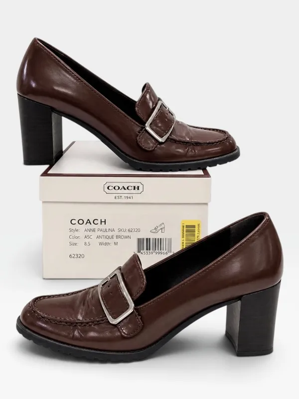Coach Paulin Spazzolato Dark Brown Leather Heeled Loafers Size 5.5 NIB - Image 2