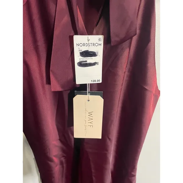 WAYF Halter Maxi Dress Womens L Merlot Satin Bow Back Wedding Guest Formal Gown - Image 4
