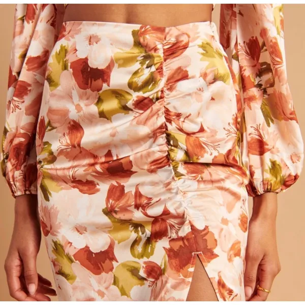 Abercrombie‎ & Fitch Womens Floral Ruched Satin Side Slit Midi Skirt Orange - Image 2