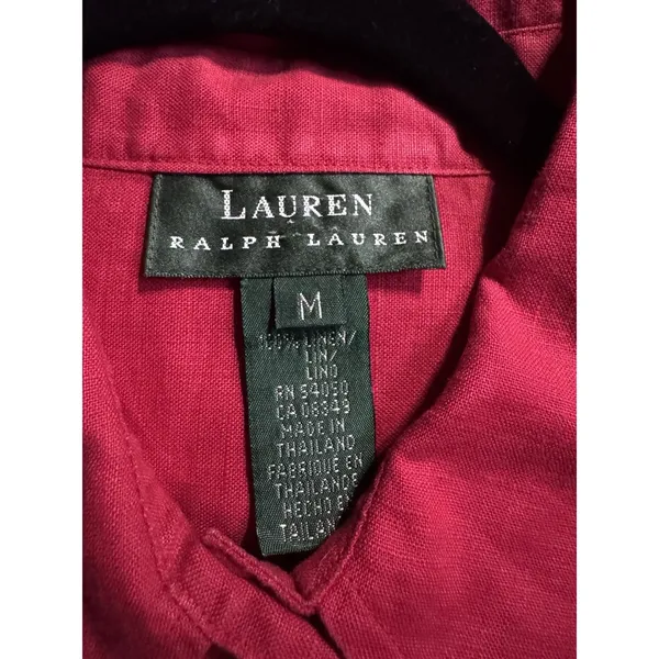 LAUREN RALPH LAUREN Womens Medium 100% Linen Red Button Up Shirt RL Logo Vintage - Image 5