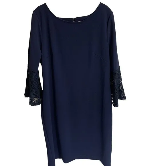 Hope & Harlow Dress Womens 14 Navy Blue Lace Bell Sleeve‎ Shift Knee Length - Image 2