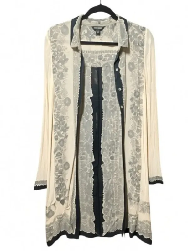 Lucky Brand Chiffon sheer Lace print Kimono Coverup Coastal boho resortwear - Image 3