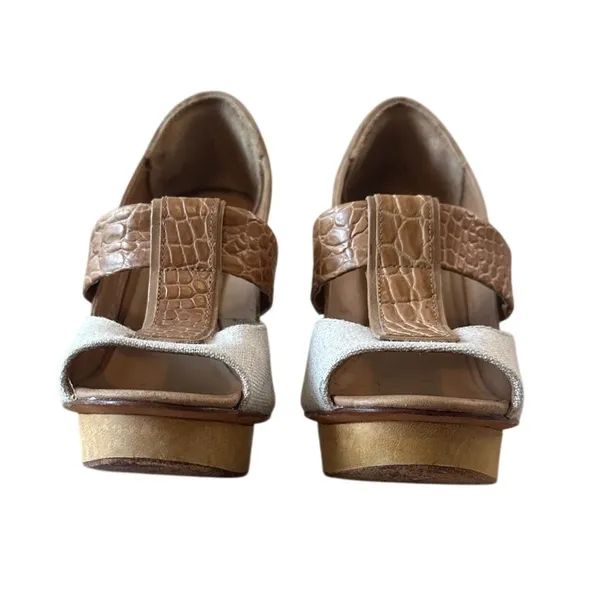 Tory Burch Georgina Linen Platform Heels Croc Leather Peep Toe‎ Sz 9 - Image 4
