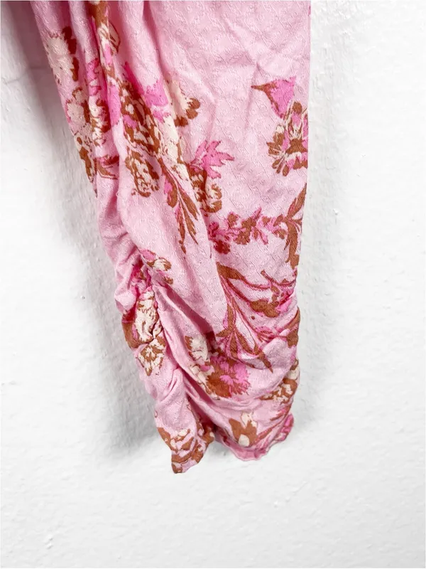 FREE PEOPLE Hilary Pink Floral Tie Closures Ruched Front Puff Sleeves Top Small - Image 12