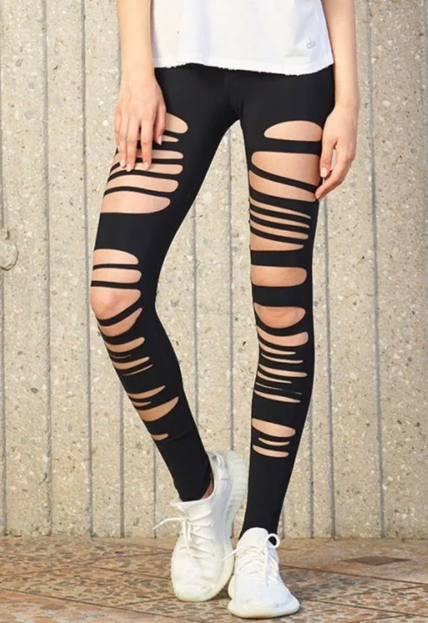 Alo High-Waist Extreme Ripped Warrior Leggings Black Edgy Hi-Rise Destroyed Pant - Image 2