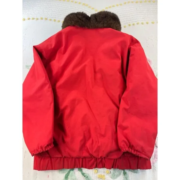 Vintage Red Fur Lined Bomber Jacket Heavy Winter Coat Real‎ Fur Trimmed Collar - Image 9