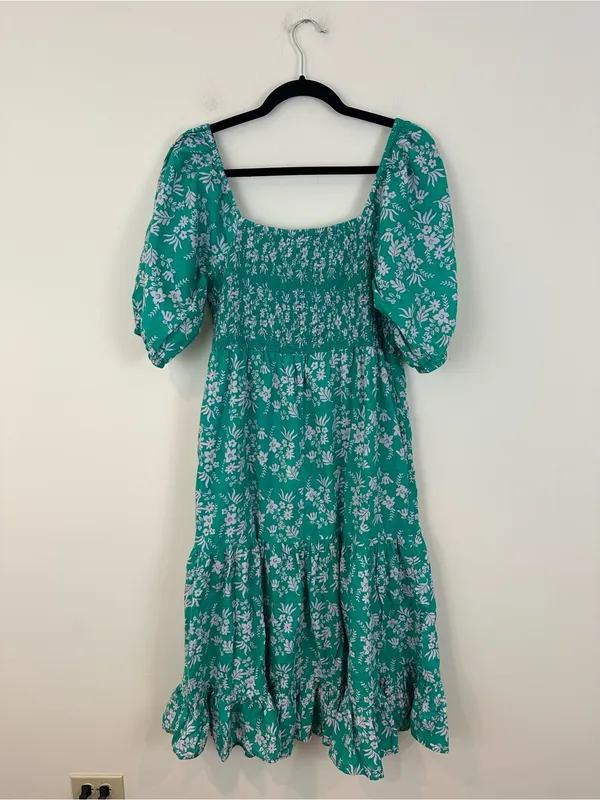 THML Boutique Teal Floral Puff-Sleeve Midi Dress Size Large Women's - Image 5