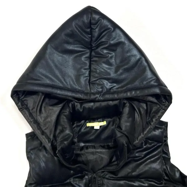 Gianni Bini Puffer Vest‎ Women's Faux Leather Hooded Black Gorpcore Size Small - Image 5