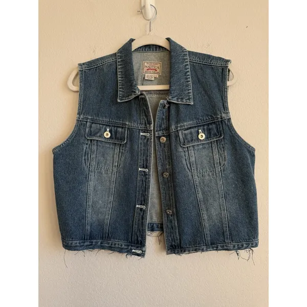 Vintage Nautica Denim Vest Raw Hem Women's Size 12 Biker‎ Collared Pockets 90s - Image 11