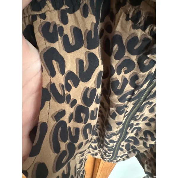Papaya Leopard Print Ruffle Zip Front Mini Dress Tan Black Smocked Waist Small - Image 5