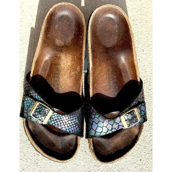 ⁠Birkenstock Madrid Black Metallic Python Snake Sandals Sz 38 Gold Buckle - Image 3