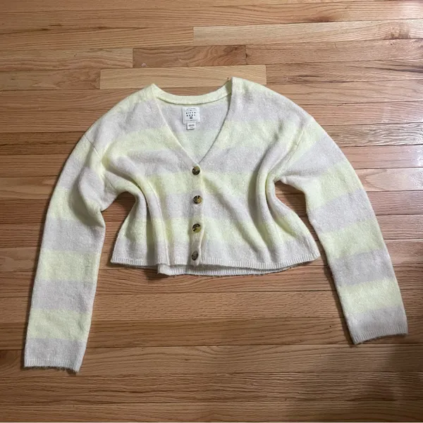 Billabong Coastal Boho Cropped Cardigan Small Beachy Purple Yellow Striped - Image 2