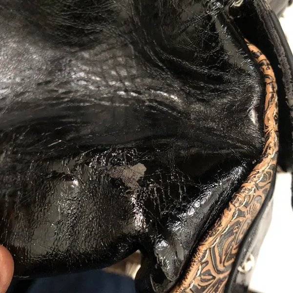 Y2K Whimsygoth grunge Black brown Leather western shoulder hand bag purse studded rhinestone bedazzled cross silver tone chains #boho #country #indie - Image 4