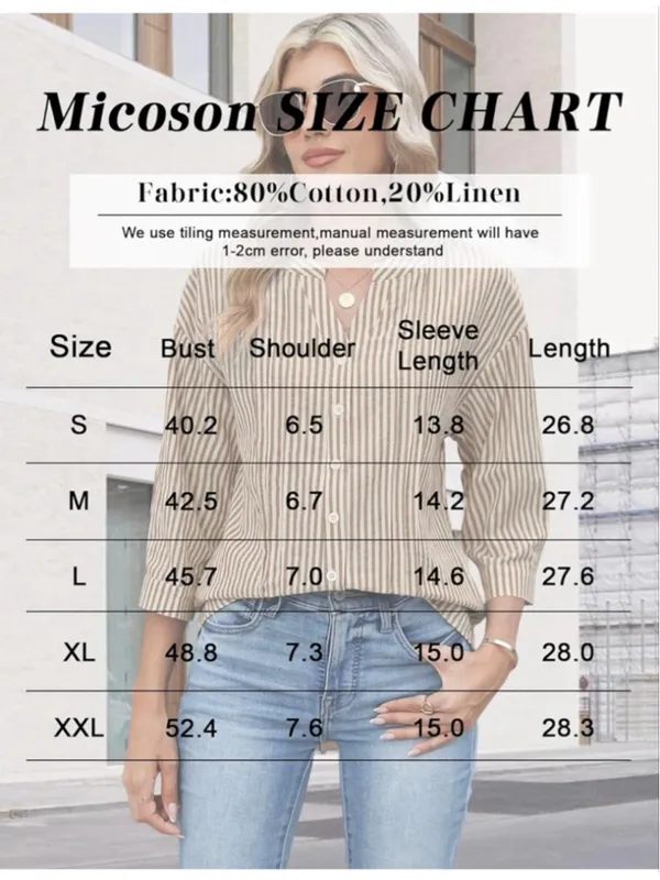 NEW Cotton Linen 3/4 Sleeve Button Down V Neck Pleated Shirt Top L - Image 3