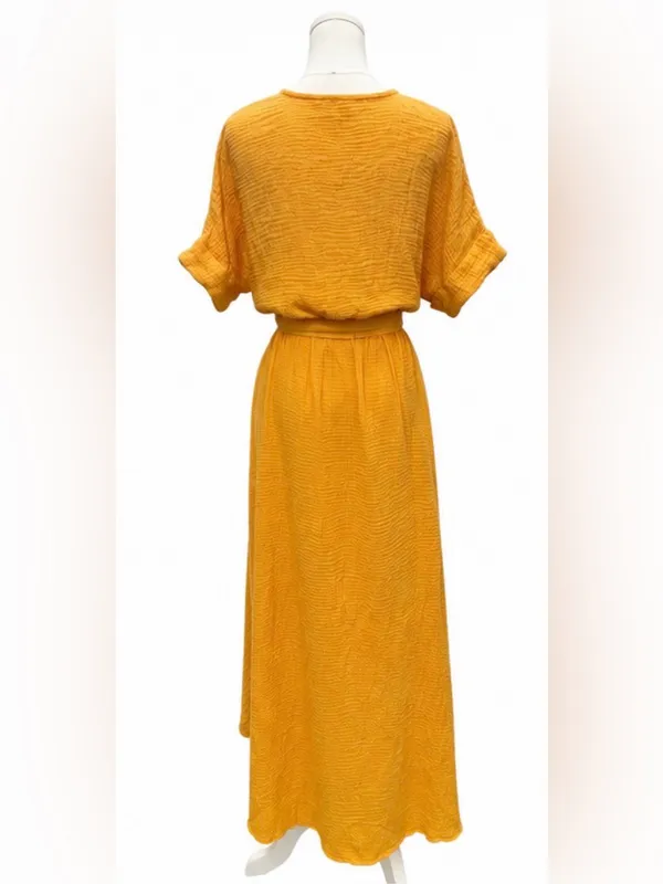 Marine Layer Medium Golden Yellow Cotton True Wrap Midi Dress Belted - Image 3