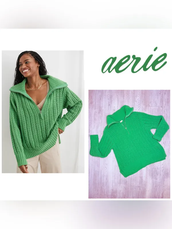 Aerie chunky knit green quarter zip long sleeve sweater shirt size med crochet - Image 2