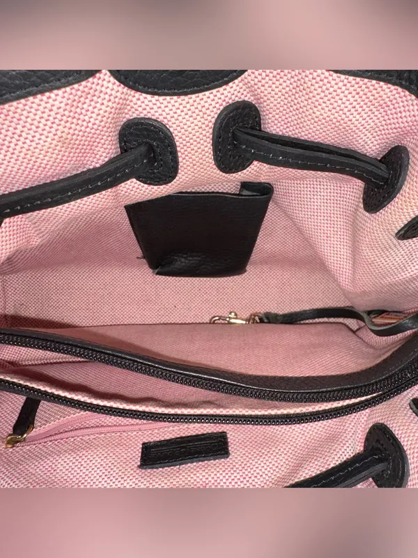 Dooney & Bourke Black Pebbled Leather Drawstring Satchel Bag Pink Gingham Lined - Image 7