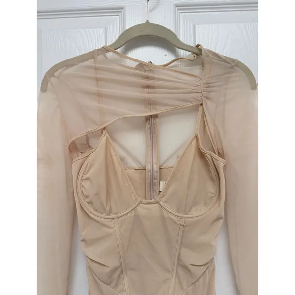 House of CB‎ Beatrice London Beige Mesh Corset Midi Dress Long Sleeve XS - Image 4