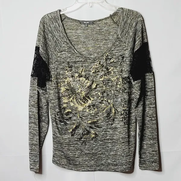 Miss Me long sleeve floral Embrace metallic top shirt pull over sz Medium - Image 2