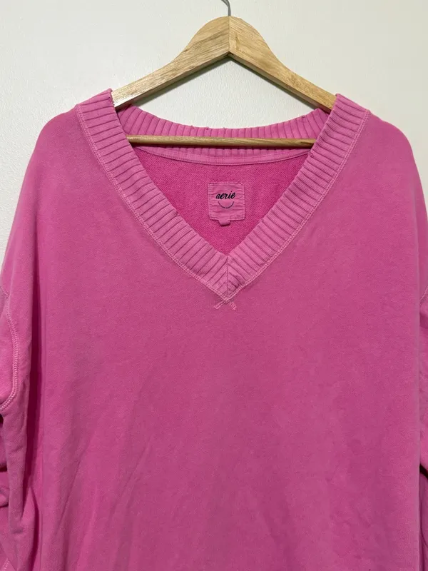 Aerie Hot Pink Down To Earth V Neck Pullover Sweatshirt Barbie Size Small - Image 4