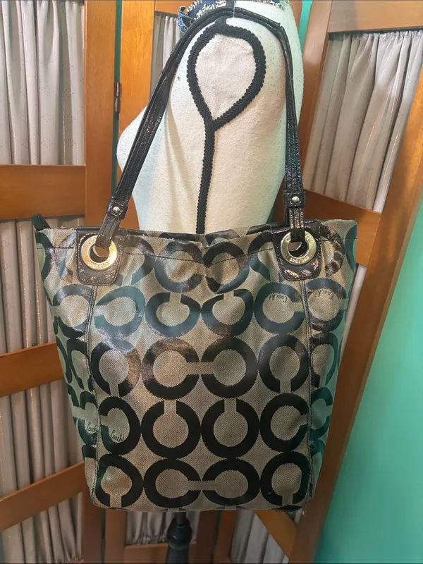 Coach “Op Art” Black and Tan Circle Logo Tote - Image 7