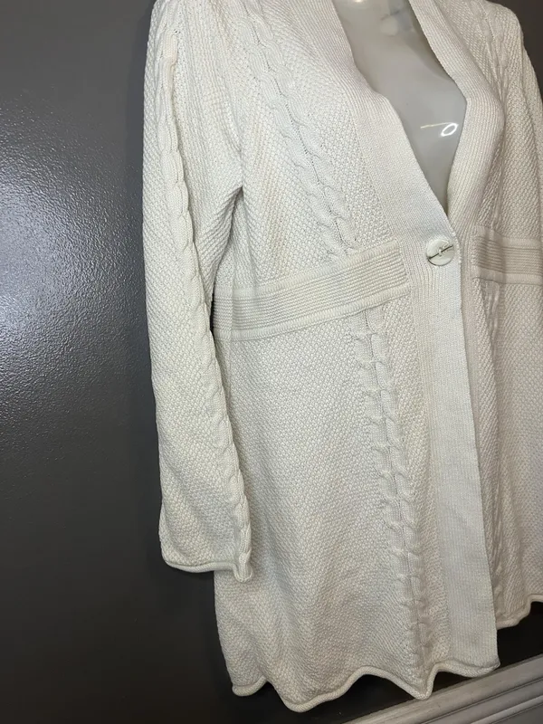Lizwear Cardigan Sweater Womens Medium White Cable Knit Open Front Shawl Collar - Image 3