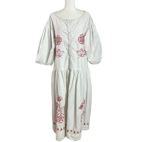 Free People Embroidered Cottage Bohemian Seersucker Saugatuck Midi Dress Large - Image 5