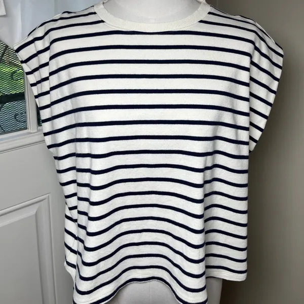 Nautical Stripe Cap Sleeve Top Cotton Blend Blue White Marled Essentials‎ L - Image 4