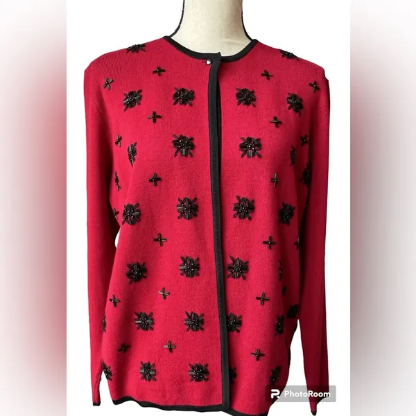 Pendleton Red Open Cardigan w Black‎ Snowflakes Wool Blend XL Tall - Image 9
