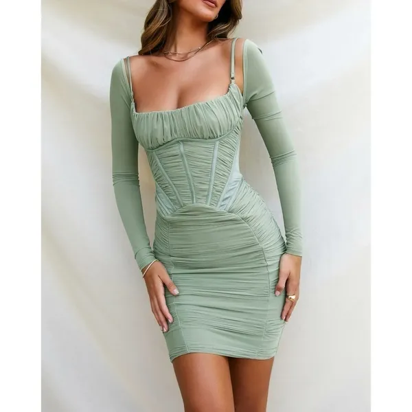 House Of CB Dress Freyja Gathered Corset Ruched Satin Mesh Knee Green‎ Small EUC - Image 9