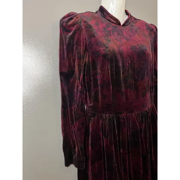 Vintage Origin Dress Womens 12 Red Floral Velvet Mock Neck Puff Sleeve Maxi - Image 5