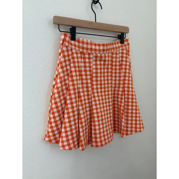 Free People Size 4 Honey Pleated Skirt Pleated Orange Gingham Preppy Picnic Fall - Image 9