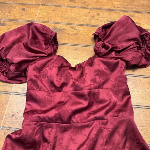 Altar'd State Burgundy Floral Jacquard Puff Sleeve Mini Dress XS‎ Red Satin Tie - Image 3