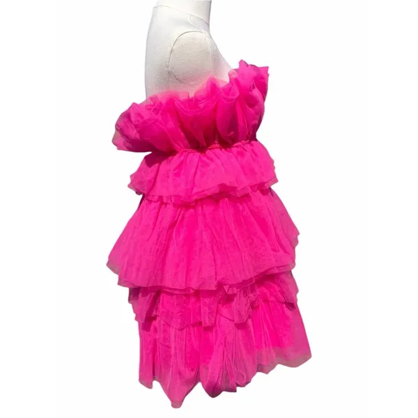 Thirty Thirty LA Strapless Mini Dress Women’s XS Hot Pink Tiered Tulle Ruffle - Image 4