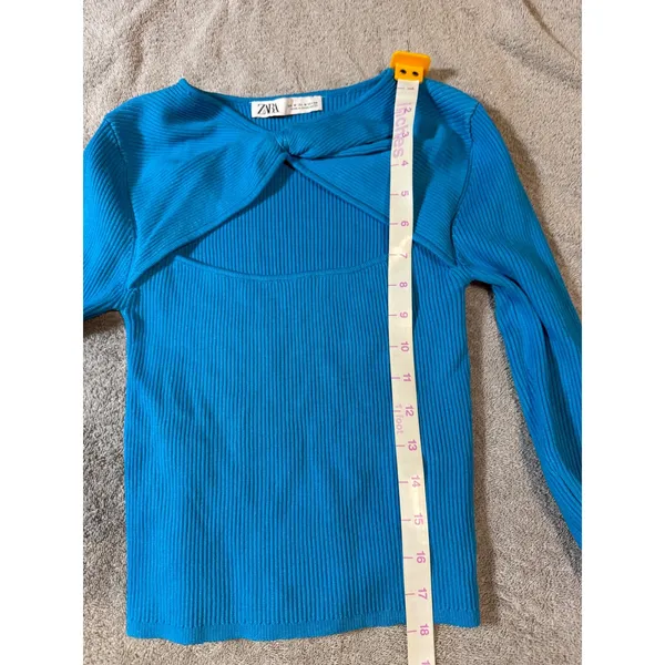 NWOT Zara Size Medium Long Sleeve Blue‎ Ribbed Cross Knot Cropped Top Y2K - Image 7