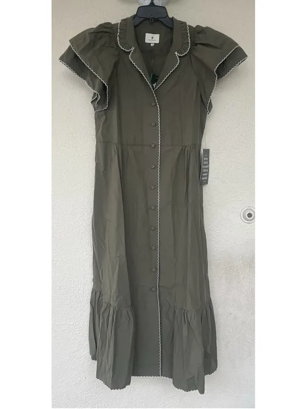 Tuckernuck Olive Green Alice Button Front Midi Dress Collar V Neck Scallop S - Image 7