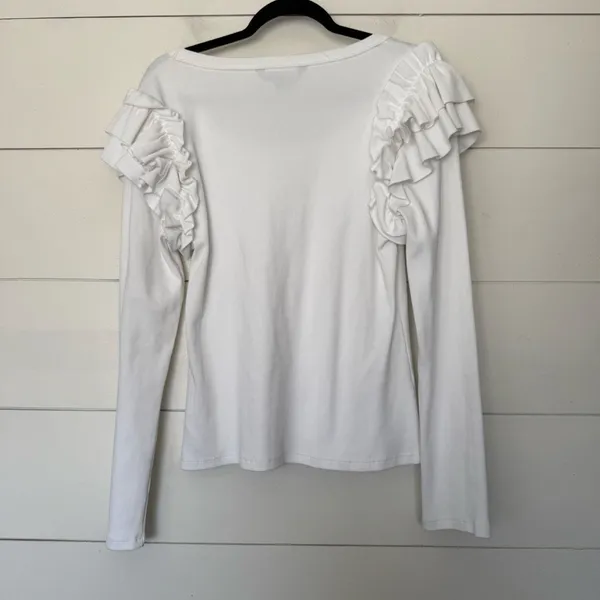 Veronica Beard Women’s Large White Ribbed Ruffle Longsleeve Top Blouse - Image 4