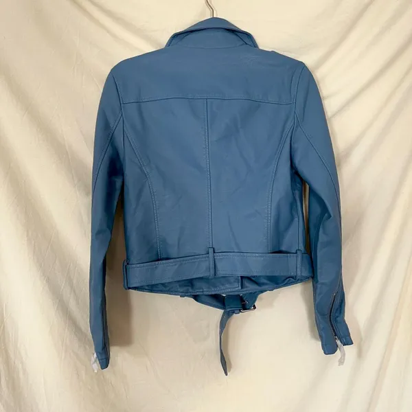 NWT Lock & Love Blue Faux Leather 1984 Motorcycle Belted Cropped Jacket S - Image 4
