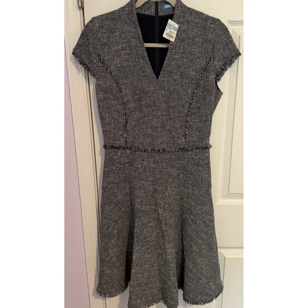 NWT J. McLaughlin Zinnia Tweed Dress Sz 2 Dark Navy/White Lined Fringe Office - Image 2