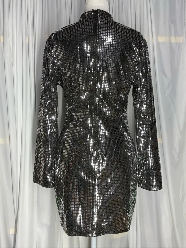 Black/Silver Sequin Mini Dress With Turtleneck Collar And Zipper Closure Size M - Image 2