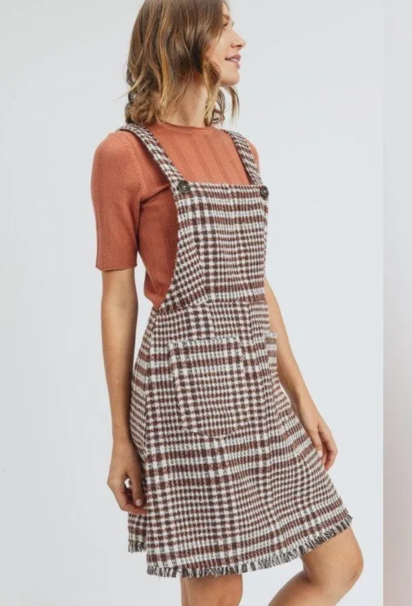NWT Tea N Rose Brown and White Overall Houndstooth Pinafore Dress Raw Hem - Image 12