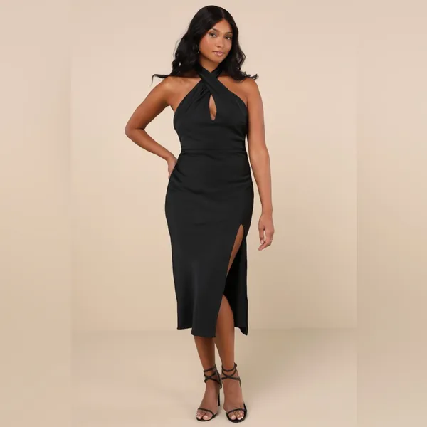 LULU’S Beyond Classy Black Satin Halter Midi Dress - Image 3