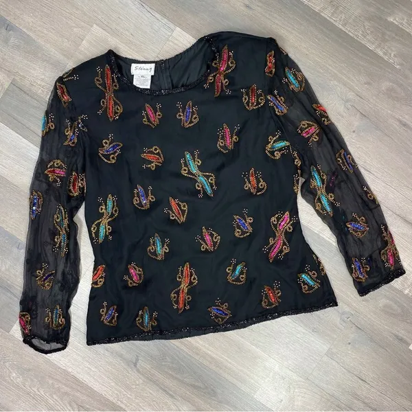 Stenay Vintage Sequin‎ Beaded Silk Blouse Black Multi XL - Image 13