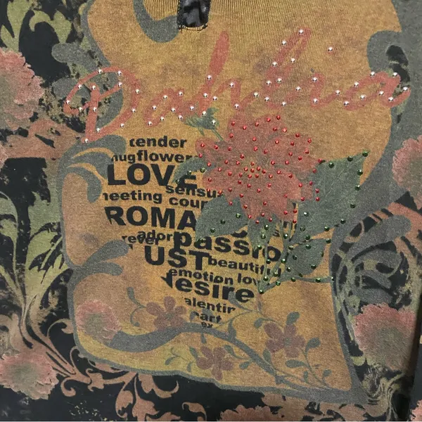 Susan Lawrence Earthy Embellished Dahlia Top | Studded Boho Floral Shirt | L - Image 5