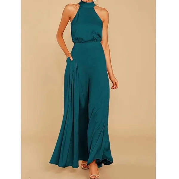 NEW Satin Sleeveless Halter Jumpsuit Pockets Wide Leg L - Image 6