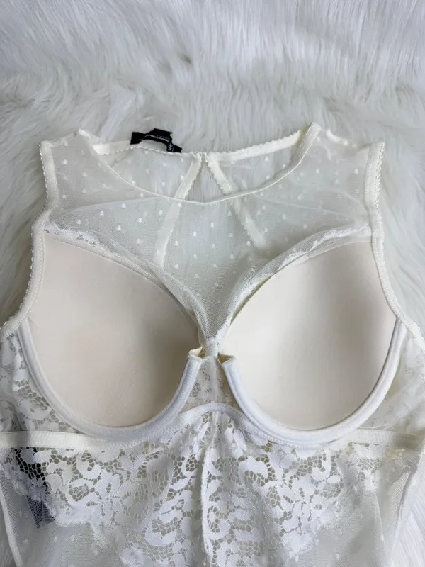 INC INTIMATES Lace Mesh Molded Cup Underwire Thong Bodysuit Sz MD White Cup C-D - Image 8