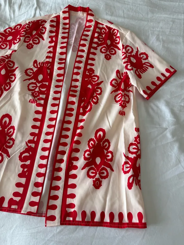 Cream And Red Printed Two-Piece Lounge Set - Image 5