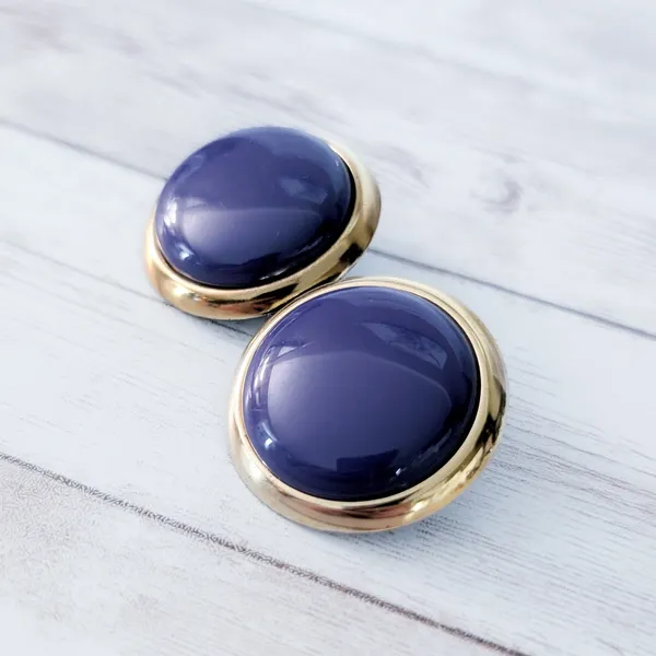 Vintage Clip On Earrings 1 & 3/8" Purple & Gold Tone Large Statement - Image 3