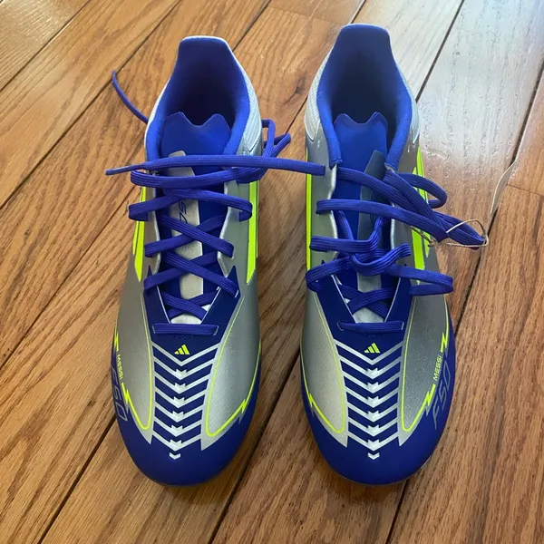 NIB Adidas F50 League FG/MG Messi Silver/Yellow/Blue‎ IH0918 Size 6 Womens 7.5 - Image 2