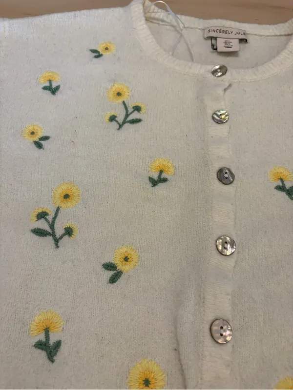 Sincerly Jules Cream Floral Embroidered Button Cardigan Sweater - Image 2